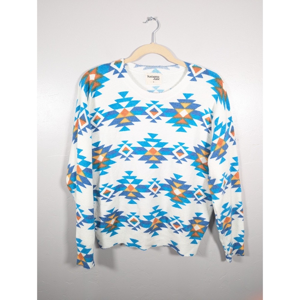 Savanna Jane White Crewneck Sweater with Blue & Orange Aztec Print